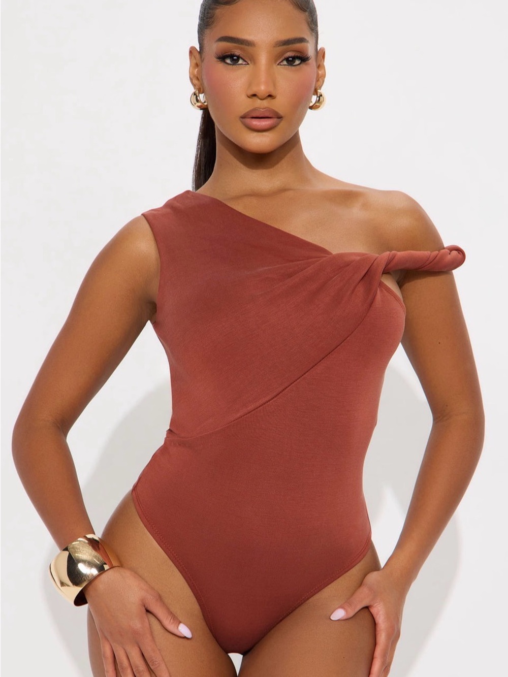Fashion Nova One-Shoulder Rust Brown Twist Bodysuit